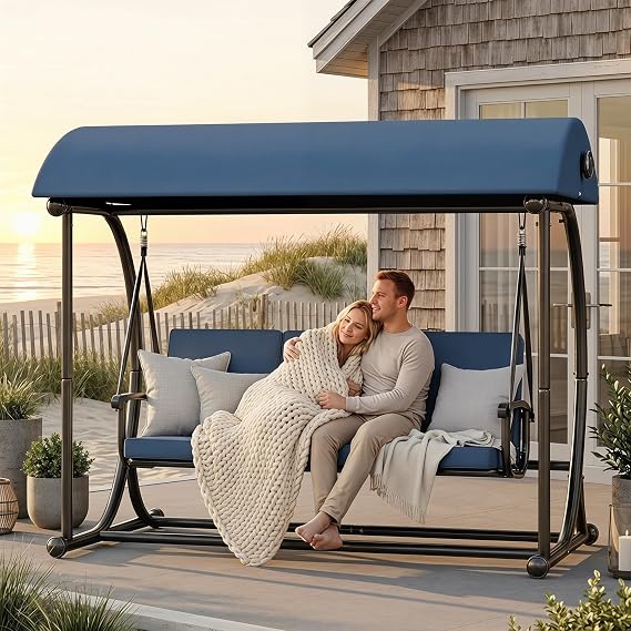 Porch Swing with Canopy, Outdoor Swings with Stand, Patio Swing Bed with Cushions, 3 Person Swing Bench for Outside, All Weather Backyard Swings for Adults, Swinging Chair/Yard/Deck, Blue