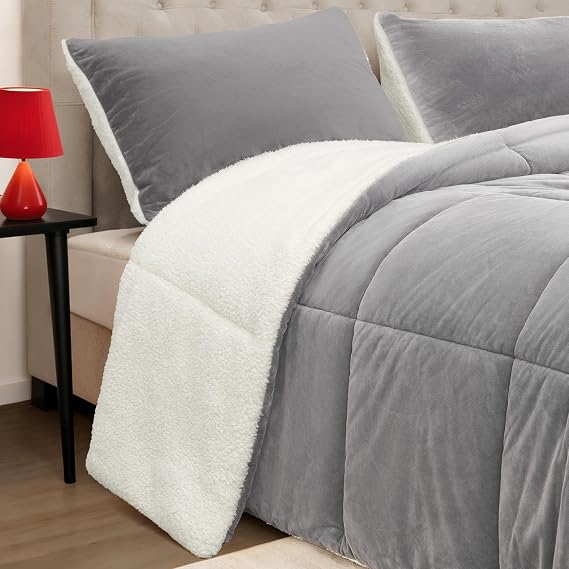 Fluffy Sherpa Queen Comforter Set, Thick Bedding Set 3 Pieces, Light Grey