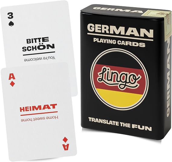 Lingo German Playing Cards in Premium Travel Tin | Gift-Ready Box with 52 German Phrases | Luxury Language Gift for Families, Oktoberfest Fans & Travelers | Adults