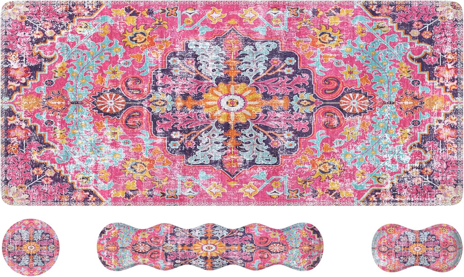 iLeadon Desk Mat Set, Mouse Pad with Wrist Rest  Keyboard Wrist Rest  Large Mouse Pad  Coaster, 4in1 Rug Large Gaming Mouse Pad Set for Home Office, Boho Retro Art