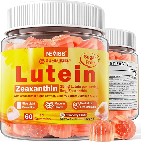 Lutein and Zeaxanthin Supplements Gummies 25mg Vitamins A, C, E, Bilberry | Astaxanthin Coconut Oil for Better Absorption - Adults & Teens Vision Health, Eye Strain, Dry Eyes - Vegan, Sugar Free, 60Cts