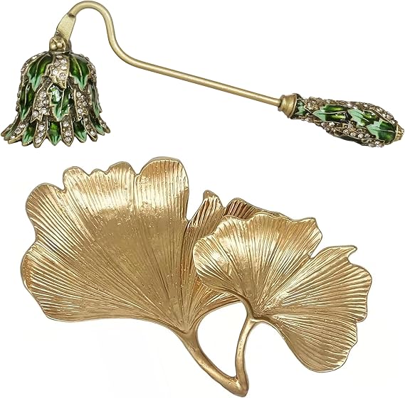 Candle Snuffer and Small Leaf Shaped Trinket Dish - A Unique Extinguisher Tool and Gold Jewelry Organizer Set for Stylish Home Decor Enthusiasts and Candles Lovers Alike