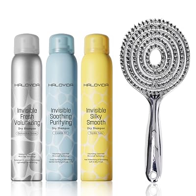 HALOVIDA Dry Shampoo Pack of 3 with Hair Brush for Women Absorb Oils, Volumizing & Refresh Hair