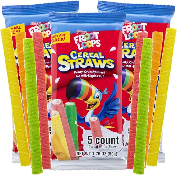 2025 Kelloggs Froot Loop Cereal Straws, Edible Breakfast Straw, Nostalgic Treat, Birthday Party Favors, 5 Count, (3 Pack)