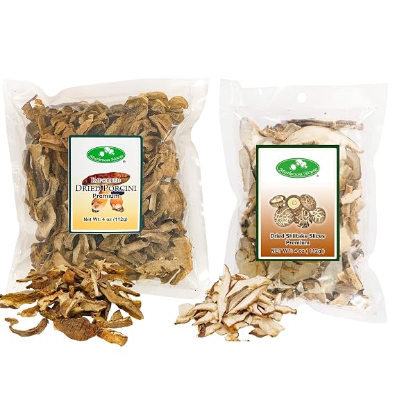 "Mushroom House Dried Porcini & Shiitake Mushroom Slices, Premium Quality, 4 Oz Each "