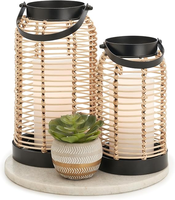Natural Rattan Boho Lanterns - Handcrafted Chic Farmhouse Decor for Home | Modern Indoor and Outdoor Beauty for Your Living Room, Patio, Porch, Coffee Table or Kitchen Dining Table
