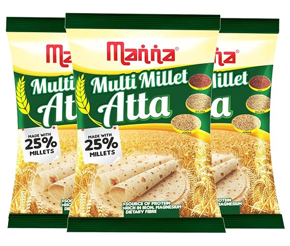 Manna Multi Millet Atta / MultiGrain Atta with 25% Millets, 3kgs (1kg x 3 Packs) Natural Flour.Nutrient Powerhouse