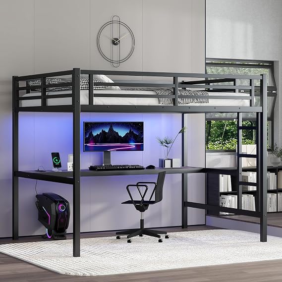 Bellemave Full Size Metal Loft Bed with Desk and LED Lights,Heavy Duty Loft Bed Frame with Charging Station and USB for Kids,Teens,Adults,Full Size,Black