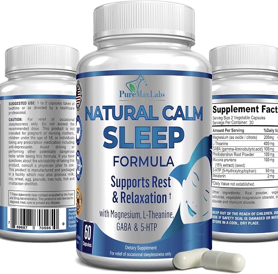 YUMMYVITE Natural Calm Sleep Aid with Magnesium, L-Theanine, Melatonin, GABA, 5-Htp | Sleep Aid | Non-GMO - 60 Capsules