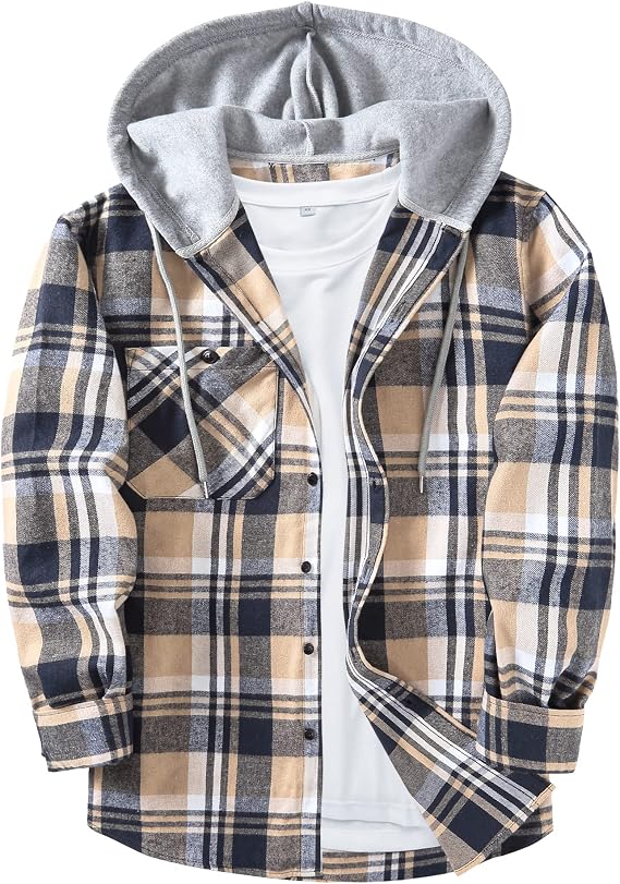 ZITY Men's Flannel Hoodie Shirts Casual Button Down Long Sleeve Plaid Shirt