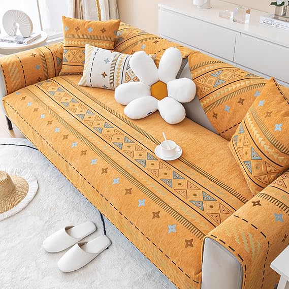 Boho Chenille Anti-Scratch Couch Cover, Geometric Couch Covers for Sofa, Non Slip Striped Couch Slipcover, Sectional L Shaped Sofa Furniture Protector Cove(Size:70x90cm(28x35in),Color:Yellow)
