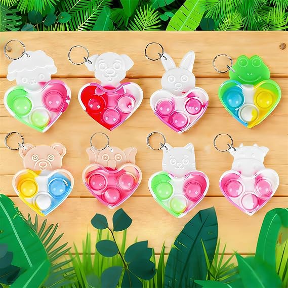 30 Packs Valentine Students Gifts and Party Favors, Small Animal Hearts mini Pop Keychain,Fidget Toys With Exchange Greeting Card