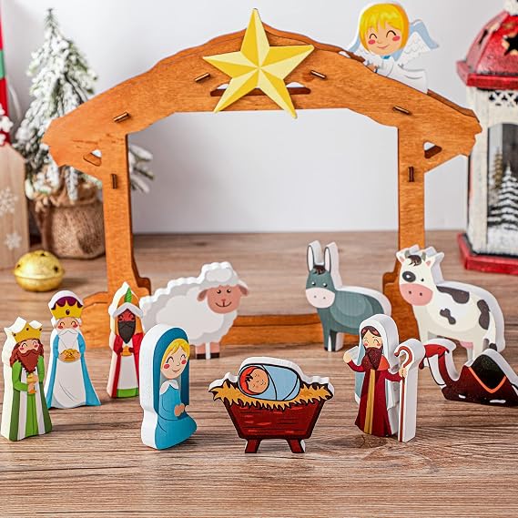 Karenhi 12 Pcs Wooden Nativity Set for Kids Mini People Scene Set, Cute