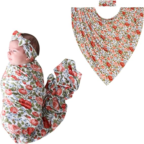 Posh Peanut Baby Swaddle Blanket and Matching Headwrap Set for Girls