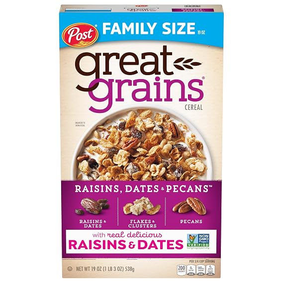 Great Grains Raisins, Dates & Pecans Breakfast Cereal, 19 oz Box | Sweet Dried Fruit, Crunchy Granola Clusters, and Whole Grains Combined with a Good Source of Fiber, NON-GMO Project Verified