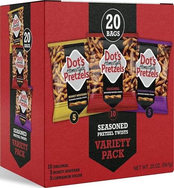 Dot's Pretzels Variety Pack, Original, Honey Mustard, and Cinnamon Sugar Pretzel Twist Snack, 1oz Individually Sized Bags (20 Count)