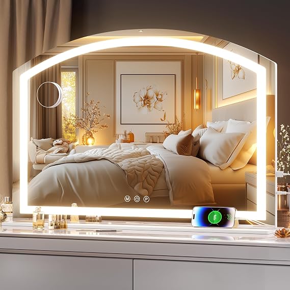 Hasipu 38" x26 Arch Vanity Mirror with LED Lights - Makeup Mirror with 10X Magnification, USB Charging Port & 3 Dimmable Color Modes