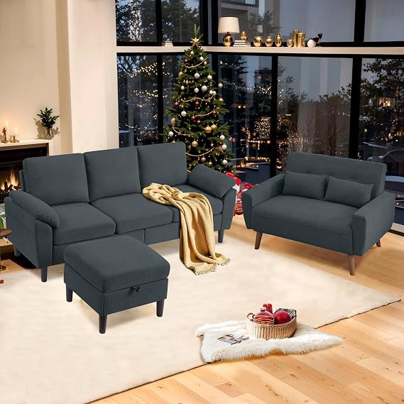 79" Convertible Sectional Sofa Set, Small L Shaped 3-Seat Couch with Reversible Chaise and 48" Loveseat, Modern Linen Sofas Couches for Living Room, Dark Grey