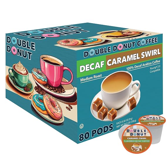 Caramel Swirl Medium Roast Flavored Decaf Coffee Pods for Keurig K Cups Makers from Double Donut, 80 Capsules