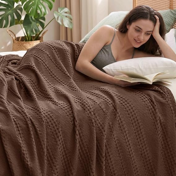 PHF Cooling Waffle Blanket for Hot Sleepers Queen Size, 90"x90", Chocolate