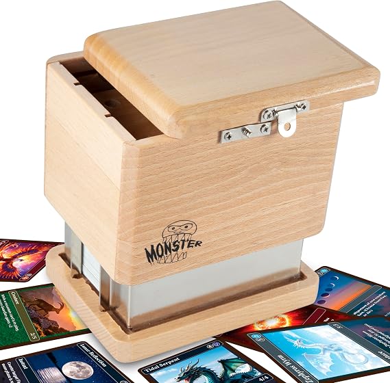 Monster Secret Misdirection Wooden TCG Deck Box - 60 Double Sleeve Deck - Anti-Theft Puzzle Lock, Hidden Latch -Compatible with MTG Magic the Gathering, Yugioh & Pokemon - Trading Game Card Collectors