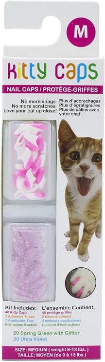 Kitty Caps Nail Caps for Cats, White with Pink Tips & Clear with Pink Glitter - Safe, Stylish & Humane Alternative to Declawing Stops Snags & Scratches, Medium (9-13 lbs), 40 Count