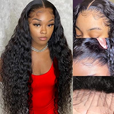 Lace Front Wigs Human Hair, 13x4 Deep Wave Lace Front Wigs for Black Women Human Hair Pre Plucked Brazilian Virgin Hair, 150% Density Deep Wave Frontal Wig Wet and Wavy Natural Color 18Inch