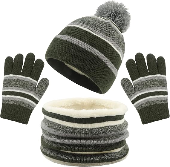 PESAAT Winter Kids Hat Scarf Glove Set Knit Girls Beanie Mittens 3-8 Years
