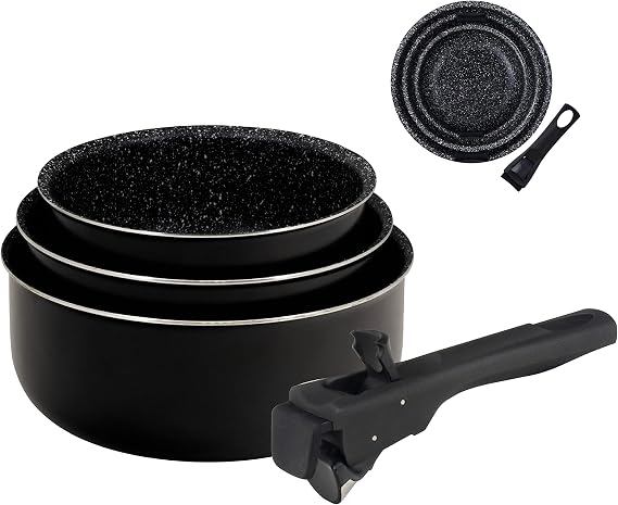 Set of 3 saucepans 16 + 18 + 20 cm pressed aluminium suitable for induction click & cook black with handle