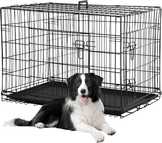 Dog Crates for Large Dogs Outdoor Indoor, Dog Cage Kennel Foldable Metal Wire Dog Crate with Leak-Proof Tray and Handle Double Door, Animal Pet Cage, 42 Inch