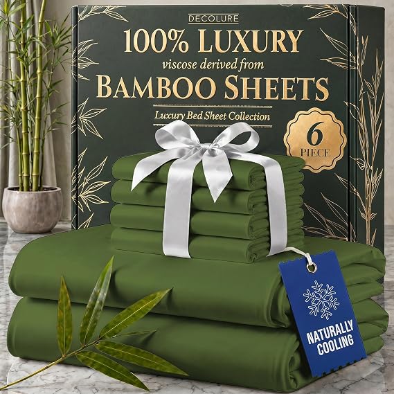 DECOLURE 100% Viscose Derived from Bamboo Sheets Queen Size - Luxury 6 Pc Naturally Cooling Sheets, Ultra Soft Bed Set - Deep 17" Pockets, Durable Double Stitching, Oeko Tex Standard (Olive)