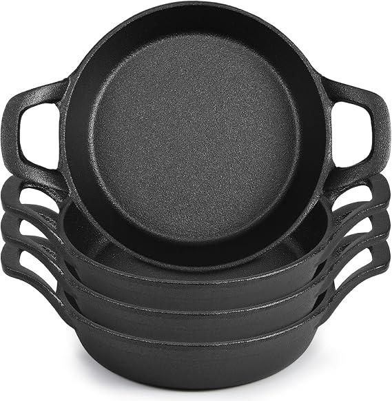 Ziliny 4 Pack Mini Cast Iron Skillets 6.3 x 6.3 x 1.5 Inch Pan Ramekin Set | Cast Iron Pan Small Ramekin Set, Black Casserole Dish Cookware Oven Safe, Mini Skillets for Kitchen Indoor Outdoor Picnic
