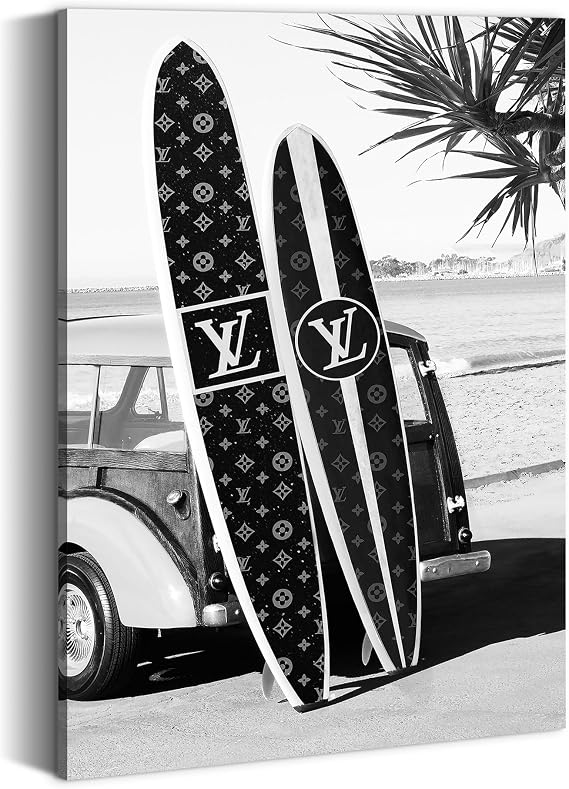 summer melody Vintage Beach Canvas Wall Art: Black White Retro Trend Ocean Theme Artwork Seaside Scenery Prints Fashion Surfboard Nautical Picture Van Painting for Living Room Bedroom Bathroom
