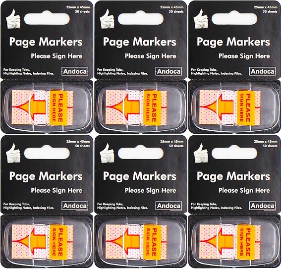 Please Sign Here Message Flags, 300 Pages Total, 0.98 x 1.77 Inch Wide, Easy to Post, 50 Flags/Dispenser, Medium Yellow, 6 Dispensers/Pack