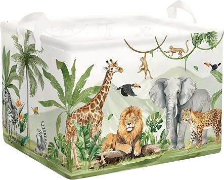 Safari Animals Baby Laundry Hamper Collapsible Clothes Kids Storage Basket Giraffe Lion Large Boys Girls Gift Toy Box Bin for Nursery, Monkey, 36L
