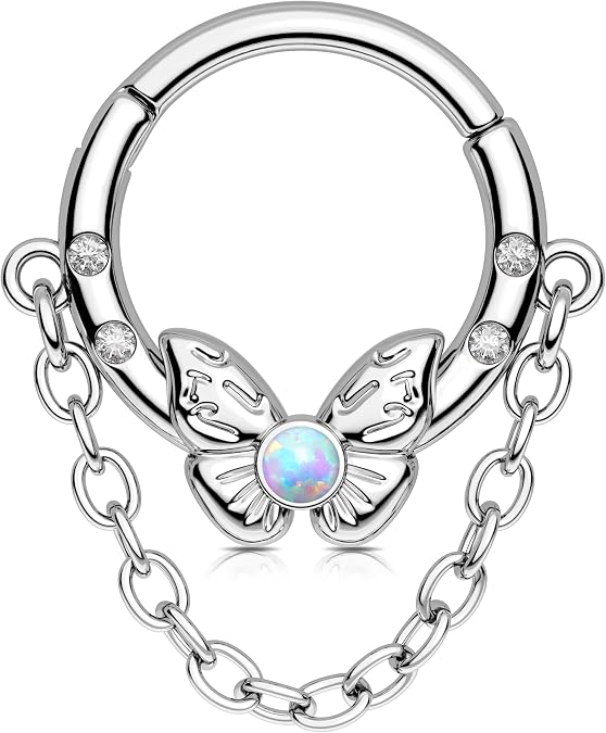 Melighting 16G Butterfly Septum Ring Opal Daith Piercing Jewelry Stainless Steel 316L Chain Helix Cartilage Clicker Septum Jewellery For Women 8 mm
