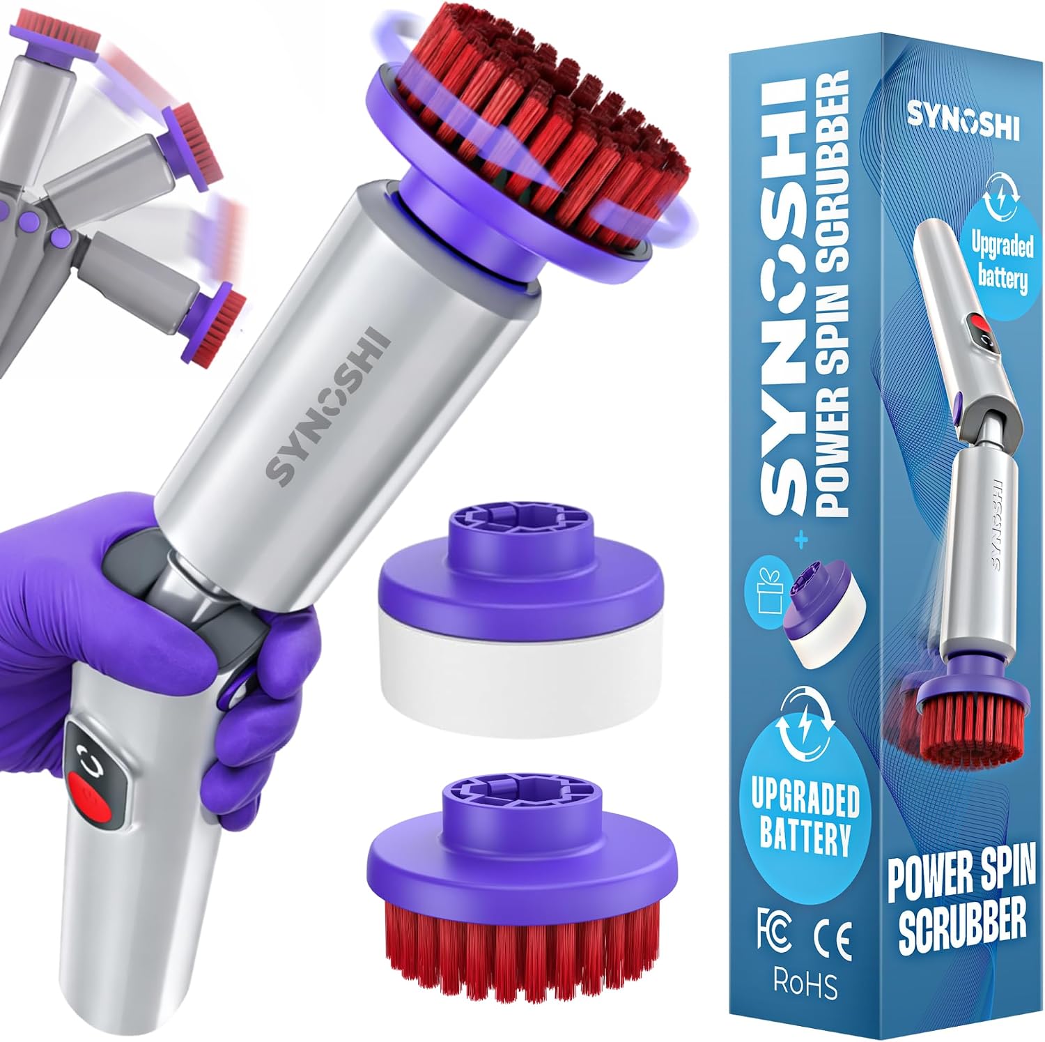 Synoshi PRO Electric Spin Scrubber Bathtub & Shower Cleaner Electric Brush Bathroom & Kitchen Power Scrubber Cordless Scrub Brush 2 Speeds Adjustable Angle
