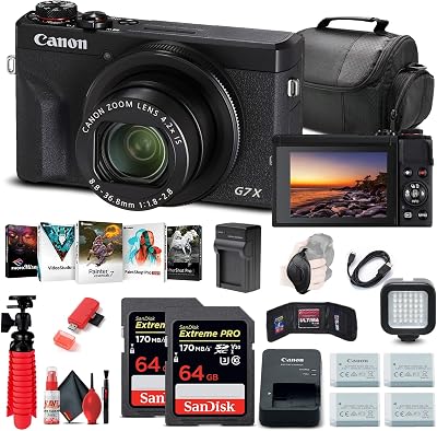 Canon PowerShot G7 X Mark III Digital Camera Black 3637C001  2 x 64GB Memory Card  3 x NB13L Battery  Corel Photo Software  Charger  Card Reader  LED Light  More Renewed