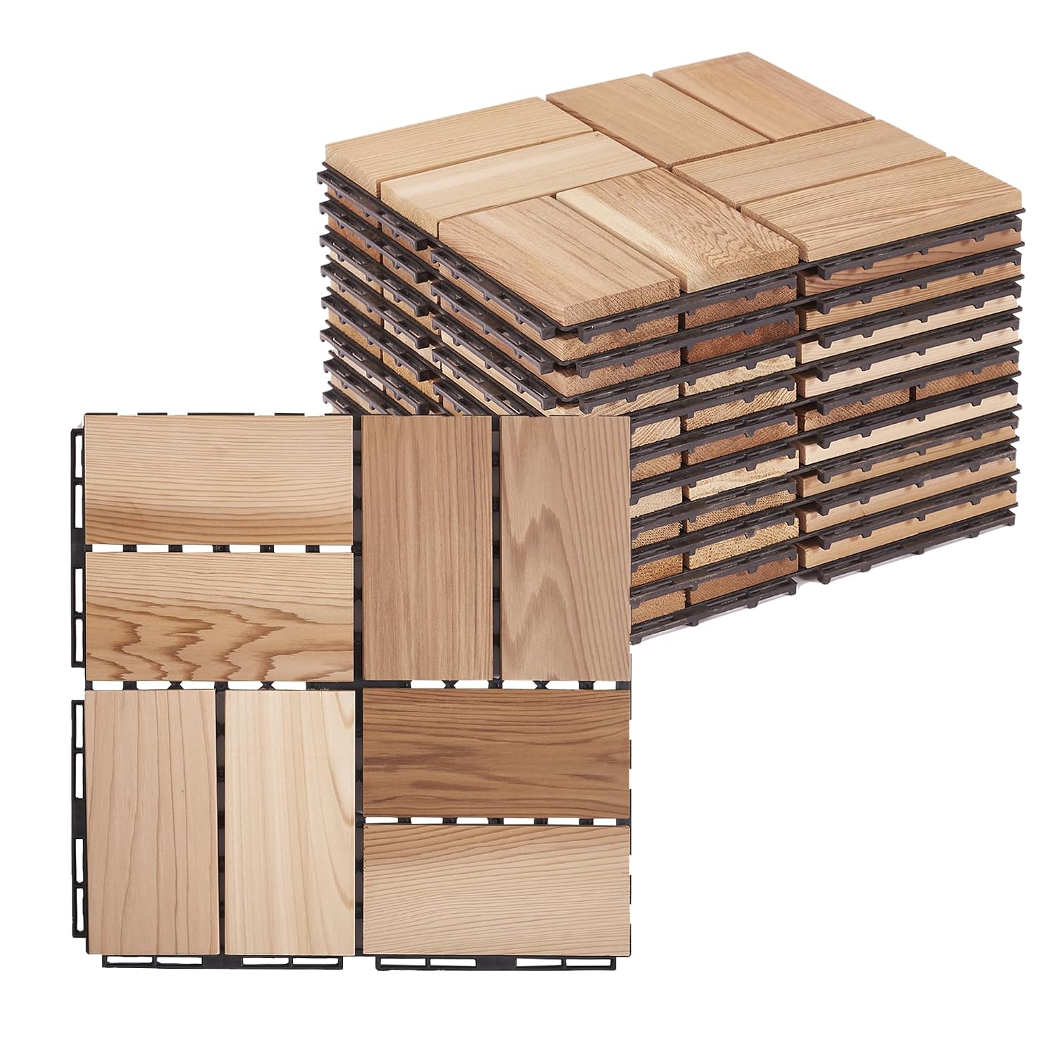 bingaai 10 Pcs Cedar Wood Interlocking Deck Tiles 12 x 12, Cedar Sauna Floor Mat Natural Finish, Wooden Floor Tiles for Balcony, Backyard, Sauna, Patio, Spa Floors, Indoor and Outdoor Use Style B