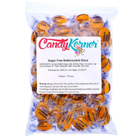 Sugar Free Butterscotch Hard Candy - 1 Pound Pack (About 75 Count) - Individually Wrapped Sugar-Free Discs - by CandyKorner (16oz)