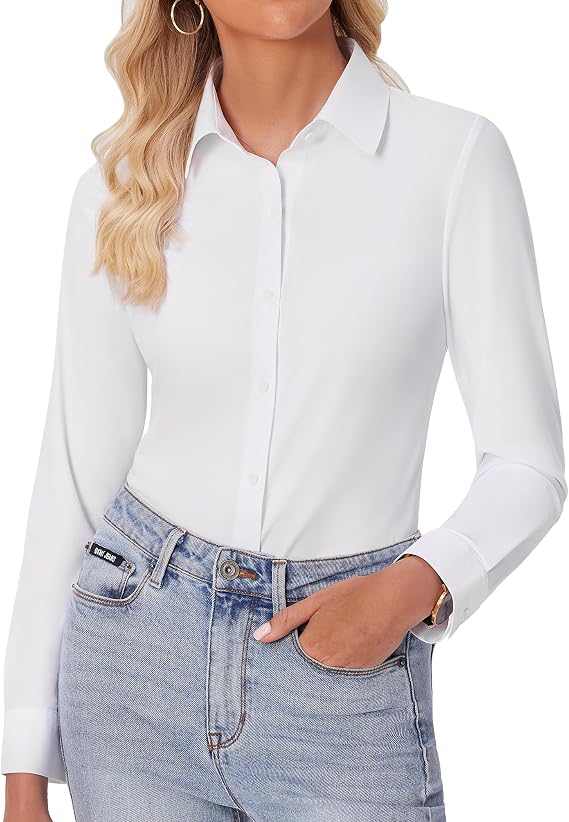 siliteelon Button Down Shirts for Women Slim fit Long Sleeve Stretch Dress Shirts Work Shirt Wrinkle Free Office Blouses