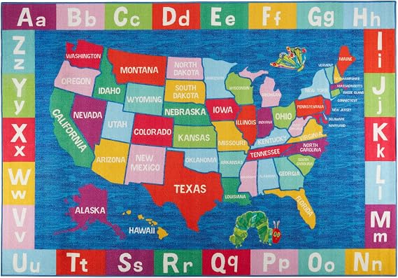 Eric Carle Elementary USA Map Kids Machine Washable Area Rug Blue/Red, 6'6"x9'5"