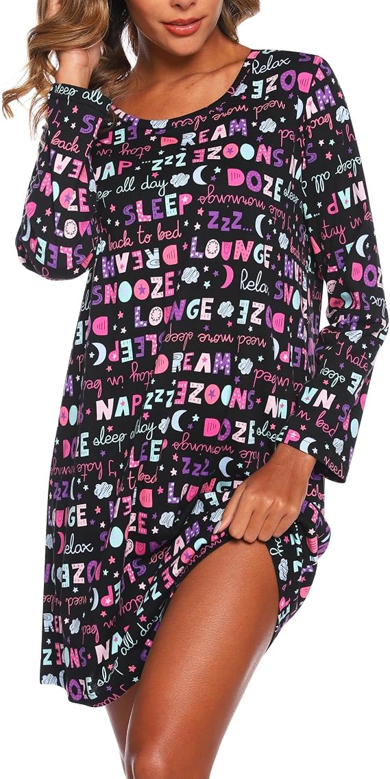 ENJOYNIGHT Women's Cotton Sleepwear Long Sleeve Nightgown Print Sleep Dress