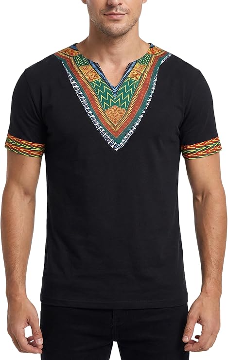 Mens Dashiki Shirt African Print V Neck T Shirt for Cultural Festivals | African Dashiki Shirts, Tribal Floral Print, Cultural Festival T-Shirt, Traditional Style, Short Sleeve, V Neck Tee