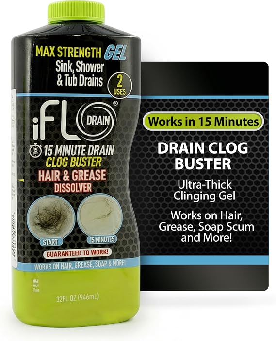 iFLO 15-Minute Drain Clog Buster Gel, Hair & Grease Dissolver (1 Pack 32oz)