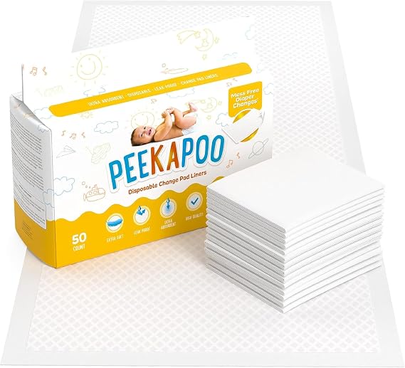 Peekapoo - The Original Disposable Baby Changing Pad Liners 50 Pack | Super Soft, Waterproof, Ultra Absorbent | Portable, Travel-Friendly, Mess-Free Diaper Changes Anywhere | Super Soft, Waterproof, Ultra Absorbent, Fragrance-Free, No Dyes, 24 x 18 Inch, Portable, Travel-Friendly, BPA & PFAS Free