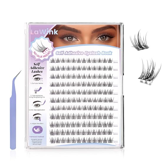 Natural Pre Glued Lash Clusters, 132PCS, 10-12MM, C-Curly No Glue Eyelashes | Self Adhesive, Press On Lashes,Mixed Mink Lashes, Waterproof Sweat-Proof, Reusable, With Lash Tweezer