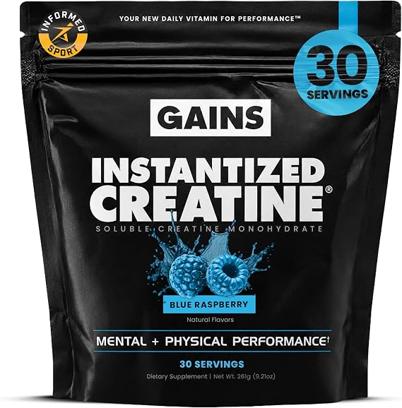 Gains in Bulk Instantized Creatine Monohydrate, Blue Raspberry, 30 Servings | Soluble Powder, Muscle Building & Strength, Performance & Bodybuilding, Pre Workout for Men & Women