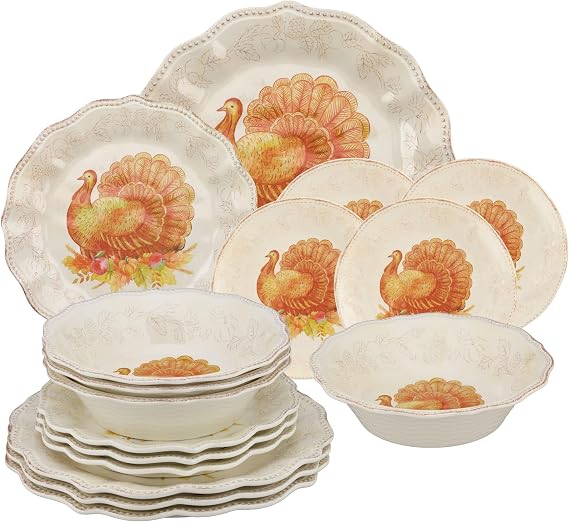UP 16 Piece Glitter Turkey Melamine Dinnerware Sets, Outdoor Dishes Set, Plates and Bowls Sets, Autumn Thanksgiving Decorations, Service for 4, Orange