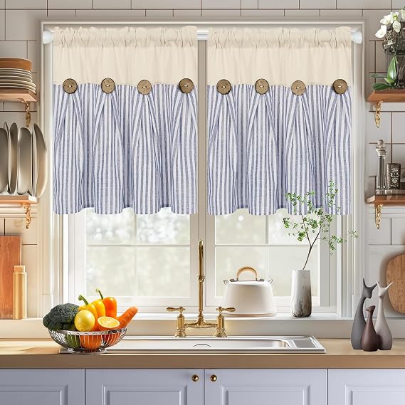 ASPMIZ Cotton Linen Kitchen Curtains 24 Inch Length Sets, Boho Rustic Button Tier Curtain Farmhouse Blue Stripe Half Window Curtains, Country Short Rod Pocket Curtain for Small Window, 2 Panels